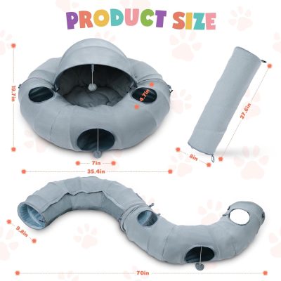 Inbelive Cat Tunnel Bed, Indoor Cat Tunnels with Hanging Balls, Peepholes, and Washable Mat, Green