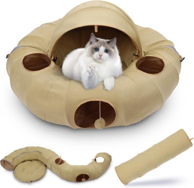 Inbelive Cat Tunnel Bed, Indoor Cat Tunnels with Hanging Balls, Peepholes, and Washable Mat, Green