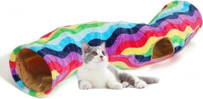 Inbelive Large Cat Tunnel Bed with Plush Cover,Fluffy Toy Balls, Small Cushion and Flexible Design- 10 inch Diameter, 3 ft Length- Great for Cats, and Small Dogs, Rainbow Wave Color