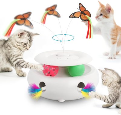 Inbelive 3-in-1 Cat Toy: Interactive Fun with Fluttering Butterfly, Ambush Feather, and Track Balls. USB Powered for Indoor Exercise (Bright White)