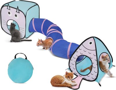Inbelive Cat Toy Tunnel and Cubes Bundle - Interactive Crinkle Collapsible Cat Tube and Foldable Cubes Playground for Kitty, Rabbit, Puppy, Ferret Hiding Hunting and Resting