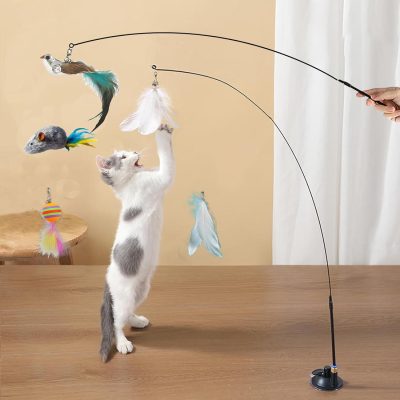 Inbelive Cat Feather Toys Automatic Interactive Cat Toys Natural Bird Feather Ball Toys Suction Cup Pet Chase Movement Playing Toy Exercise cat Toys 7 Pcs Cat Toy Set for Indoor Bored Cats Gifts