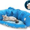 Inbelive Cat Tunnel Bed for Indoor Cats 2-in-1 Cat Play Tunnel Bed Collapsible Cat Carpet Tunnel Washable Cat Tubes and Tunnels with Hanging Balls for Kitty Bunny Rabbit Puppy Ferret (Blue)