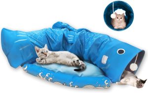 Inbelive Cat Tunnel Bed for Indoor Cats 2-in-1 Cat Play Tunnel Bed Collapsible Cat Carpet Tunnel Washable Cat Tubes and Tunnels with Hanging Balls for Kitty Bunny Rabbit Puppy Ferret (Blue)