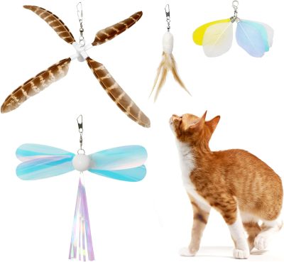 Inbelive Cat Wand Toy Refills Natural Feathers Replacement Teasers, 4Pcs Different Senses Replacement Teasers Arouse Cat Desire to Hunt