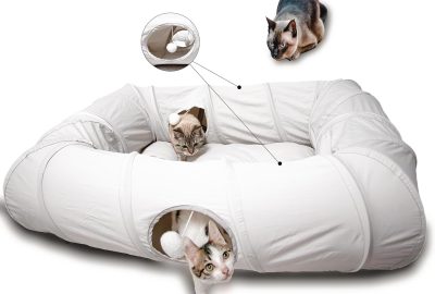 Inbelive 4 Ways Shuttled XL Cat Tunnel Bed for Indoor Cats Peekaboo Cat Cave Donut with Cool Mat