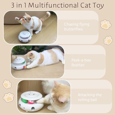 Inbelive 3-in-1 Cat Toy: Interactive Fun with Fluttering Butterfly, Ambush Feather, and Track Balls. USB Powered for Indoor Exercise (Bright White)
