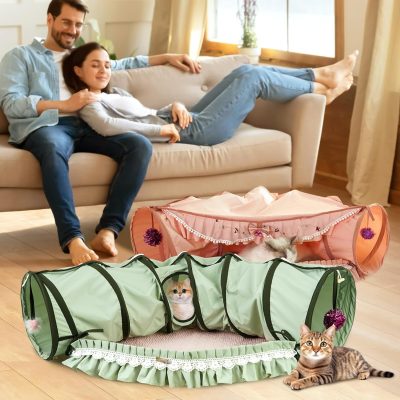 Inbelive Cat Tunnel Toy Bed 2-in-1, Collapsible Cat Tunnels Tubes Toys with Washable Removable Mat Beds for Indoor Pet Cats Kittens Matcha