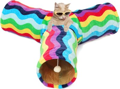 Inbelive Large Cat Tunnel Bed with Plush Cover,Fluffy Toy Balls, Small Cushion and Flexible Design- 10 inch Diameter, 3 ft Length- Great for Cats, and Small Dogs, Rainbow Wave Color