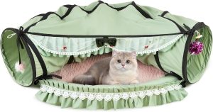 Inbelive Cat Tunnel Toy Bed 2-in-1, Collapsible Cat Tunnels Tubes Toys with Washable Removable Mat Beds for Indoor Pet Cats Kittens Matcha