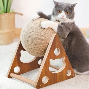 Inbelive Cat Toys Sisal Scratcher Ball, Natural Sisal Cat Scratching Ball, Cat Scratcher Toy with Ball, Scratching Ball for Cats and Kittens, Interactive Solid Wood Scratcher Pet Toy, Diameter 6.5 Inch