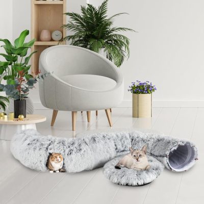 Inbelive Plush Cat Tunnel Bed for Indoor Cats, Collapsible Cat Donut Tunnel with Central Mat, Fluffy Cat Cave Tube with Hanging Ball for Cat Kitten Rabbit Puppy Ferret