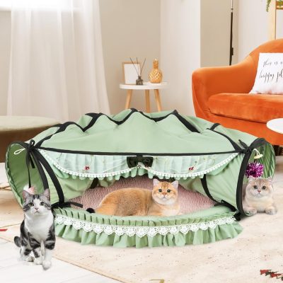 Inbelive Cat Tunnel Toy Bed 2-in-1, Collapsible Cat Tunnels Tubes Toys with Washable Removable Mat Beds for Indoor Pet Cats Kittens Matcha