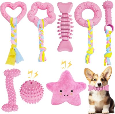 Inbelive 20Pcs Puppy Chew Toys for Teething, Dog Chew Toys with Rope Toys, Pet Dog Toothbrush, Treat Balls, Dog Plush Toys and Squeaky Toys for Small Medium Dogs, Cute Dog Toy with Basket