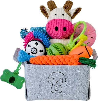 Inbelive 20Pcs Puppy Chew Toys for Teething, Dog Chew Toys with Rope Toys, Pet Dog Toothbrush, Treat Balls, Dog Plush Toys and Squeaky Toys for Small Medium Dogs, Cute Dog Toy with Basket