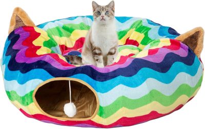 Inbelive Large Cat Tunnel Bed with Plush Cover,Fluffy Toy Balls, Small Cushion and Flexible Design- 10 inch Diameter, 3 ft Length- Great for Cats, and Small Dogs, Rainbow Wave Color