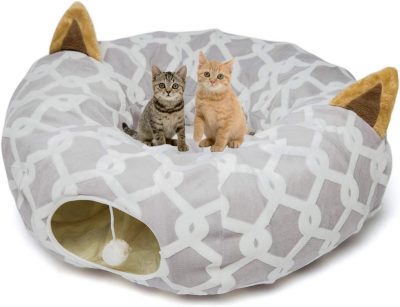 Inbelive Large Cat Tunnel Bed with Plush Cover,Fluffy Toy Balls, Small Cushion and Flexible Design- 10 inch Diameter, 3 ft Length- Great for Cats, and Small Dogs, Rainbow Wave Color