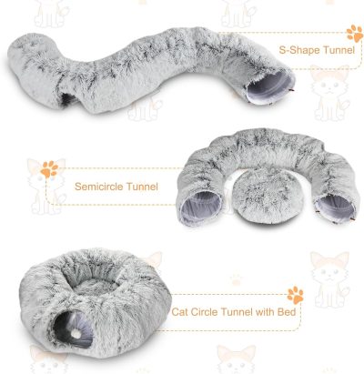 Inbelive Plush Cat Tunnel Bed for Indoor Cats, Collapsible Cat Donut Tunnel with Central Mat, Fluffy Cat Cave Tube with Hanging Ball for Cat Kitten Rabbit Puppy Ferret