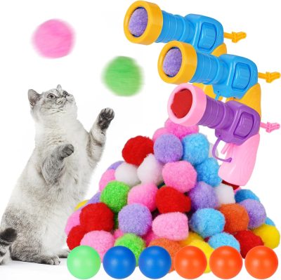 Inbelive 158pcs Cat Ball Launcher Set, Interactive Cat Toy Pom Pom Balls for Bored, Lightweight and Silent Cat Toys Pet Ball Launcher Plush Ball Shoot Gun Toy for Indoor Cats Kitten (Glitter Balls)