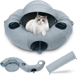 Inbelive Cat Tunnel Bed, Indoor Cat Tunnels with Hanging Balls, Peepholes, and Washable Mat, Green