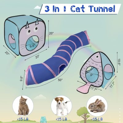 Inbelive Cat Toy Tunnel and Cubes Bundle - Interactive Crinkle Collapsible Cat Tube and Foldable Cubes Playground for Kitty, Rabbit, Puppy, Ferret Hiding Hunting and Resting
