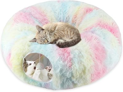 Inbelive Plush Cat Tunnel Bed for Indoor Cats, Collapsible Cat Donut Tunnel with Central Mat, Fluffy Cat Cave Tube with Hanging Ball for Cat Kitten Rabbit Puppy Ferret