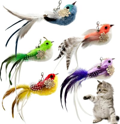 Inbelive Cat Feather Toy Refill Cat Wand Attachments, 5 PCS Feathers Cat Toy Refills, Cat Wand Replacement Feather Bird for Cat Toy