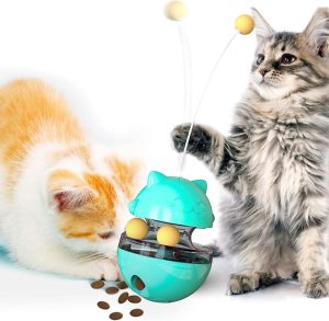 Inbelive Cat Interactive Food Dispenser Toy, Tumbler Cat Toy Ball Snack Dispenser Dual Rolling Balls & Detachable Wand Slow Feed for Cat Kitty Puppy, Dogs Cats Playing & Training, Green