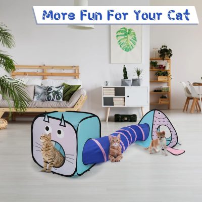 Inbelive Cat Toy Tunnel and Cubes Bundle - Interactive Crinkle Collapsible Cat Tube and Foldable Cubes Playground for Kitty, Rabbit, Puppy, Ferret Hiding Hunting and Resting