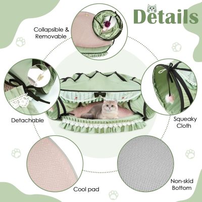 Inbelive Cat Tunnel Toy Bed 2-in-1, Collapsible Cat Tunnels Tubes Toys with Washable Removable Mat Beds for Indoor Pet Cats Kittens Matcha