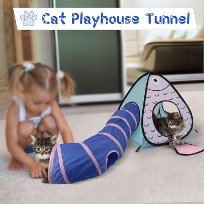 Inbelive Cat Toy Tunnel and Cubes Bundle - Interactive Crinkle Collapsible Cat Tube and Foldable Cubes Playground for Kitty, Rabbit, Puppy, Ferret Hiding Hunting and Resting