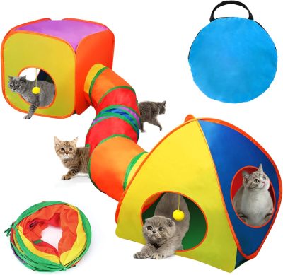 Inbelive Cat Toy Tunnel and Cubes Bundle - Interactive Crinkle Collapsible Cat Tube and Foldable Cubes Playground for Kitty, Rabbit, Puppy, Ferret Hiding Hunting and Resting