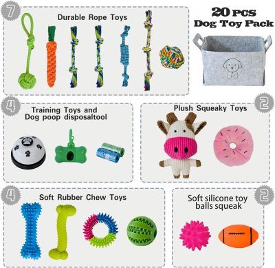 Inbelive 20Pcs Puppy Chew Toys for Teething, Dog Chew Toys with Rope Toys, Pet Dog Toothbrush, Treat Balls, Dog Plush Toys and Squeaky Toys for Small Medium Dogs, Cute Dog Toy with Basket