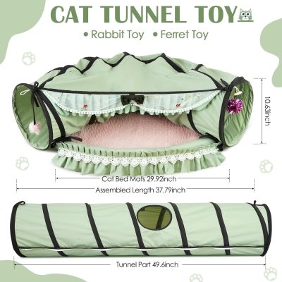 Inbelive Cat Tunnel Toy Bed 2-in-1, Collapsible Cat Tunnels Tubes Toys with Washable Removable Mat Beds for Indoor Pet Cats Kittens Matcha