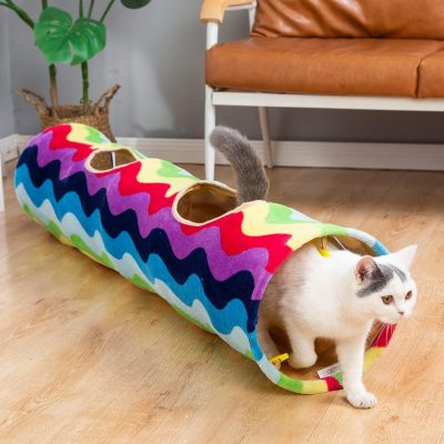 Inbelive Large Cat Tunnel Bed with Plush Cover,Fluffy Toy Balls, Small Cushion and Flexible Design- 10 inch Diameter, 3 ft Length- Great for Cats, and Small Dogs, Rainbow Wave Color