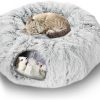 Inbelive Plush Cat Tunnel Bed for Indoor Cats, Collapsible Cat Donut Tunnel with Central Mat, Fluffy Cat Cave Tube with Hanging Ball for Cat Kitten Rabbit Puppy Ferret