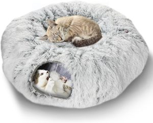 Inbelive Plush Cat Tunnel Bed for Indoor Cats, Collapsible Cat Donut Tunnel with Central Mat, Fluffy Cat Cave Tube with Hanging Ball for Cat Kitten Rabbit Puppy Ferret