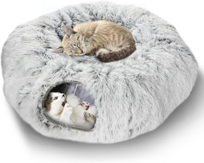 Inbelive Plush Cat Tunnel Bed for Indoor Cats, Collapsible Cat Donut Tunnel with Central Mat, Fluffy Cat Cave Tube with Hanging Ball for Cat Kitten Rabbit Puppy Ferret