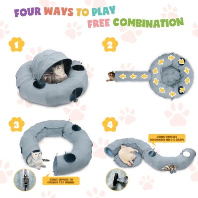 Inbelive Cat Tunnel Bed, Indoor Cat Tunnels with Hanging Balls, Peepholes, and Washable Mat, Green