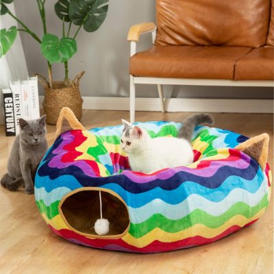 Inbelive Large Cat Tunnel Bed with Plush Cover,Fluffy Toy Balls, Small Cushion and Flexible Design- 10 inch Diameter, 3 ft Length- Great for Cats, and Small Dogs, Rainbow Wave Color