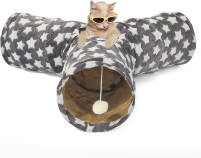 Inbelive Large Cat Tunnel Bed with Plush Cover,Fluffy Toy Balls, Small Cushion and Flexible Design- 10 inch Diameter, 3 ft Length- Great for Cats, and Small Dogs, Rainbow Wave Color