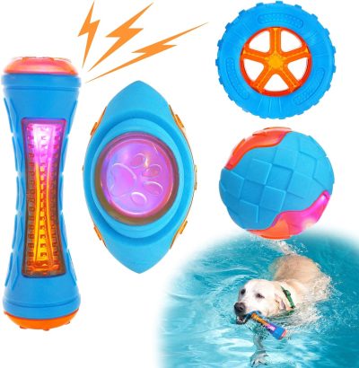 Inbelive 4 Pcs Dog Pool Floating Toys - Squeaky & Glowing Dog Water Toys, Safe Durable TPR Interactive Dog Toys for Aggressive Chewers Large Dogs Fetching Playing