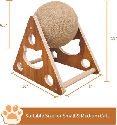 Inbelive Cat Toys Sisal Scratcher Ball, Natural Sisal Cat Scratching Ball, Cat Scratcher Toy with Ball, Scratching Ball for Cats and Kittens, Interactive Solid Wood Scratcher Pet Toy, Diameter 6.5 Inch