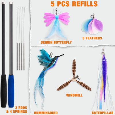 Inbelive 2024 latest Cat Toys, 2 in 1 Spring Cat Wand Toy with 2PCS Ultra-long Cat Teaser, 4PCS Spring Steel Wire & 5PCS Feather Refills for Kitty Kitten Indoor Cats Cat Accessories