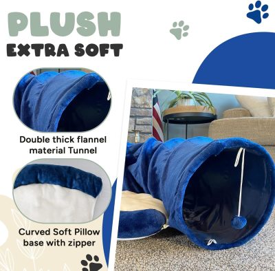 Inbelive Cat Tunnel and Bed Toy Set with Removable Plush Bed for Indoor Use; Perfect for Cats, Dogs, and Ferrets; Cat Toys Attached; Top Pet Tunnel for Fun, Exercise, and Rest; Cat Toys for Indoor Cats (Blue).