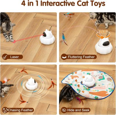 Inbelive 4 in 1 Cat Laser Toy Automatic, Interactive Cat Toys for Indoor Cats, Hide and Seek Kitten Wand Toy, USB Rechargeable Electronic Toys with Moving Feather, Cover for Bored Cats All Breeds