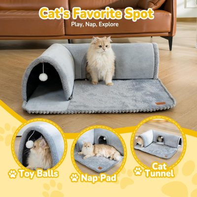 Inbelive Cat Tunnel Bed Indoor: Detachable Kitty Pet Play Tube - Washable Kitten Cave Mat with Ball Toys