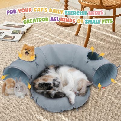 Inbelive Cat Tunnel Bed, Indoor Cat Tunnels with Hanging Balls, Peepholes, and Washable Mat, Green