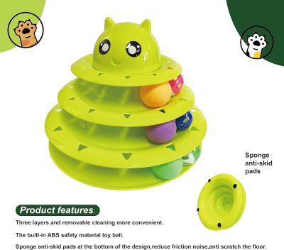 Inbelive Cat Toy Roller,3 Levels Tower with Six Multiple Balls Cat Turntable Toy,Funny Interactive Cat Toys for Indoor,Funny Puzzle Toy for Kitten Pet Cats,Do Exercise&Play Game (Yellow-Green)
