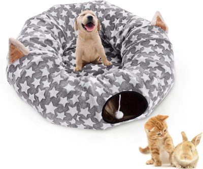 Inbelive Large Cat Tunnel Bed with Plush Cover,Fluffy Toy Balls, Small Cushion and Flexible Design- 10 inch Diameter, 3 ft Length- Great for Cats, and Small Dogs, Rainbow Wave Color
